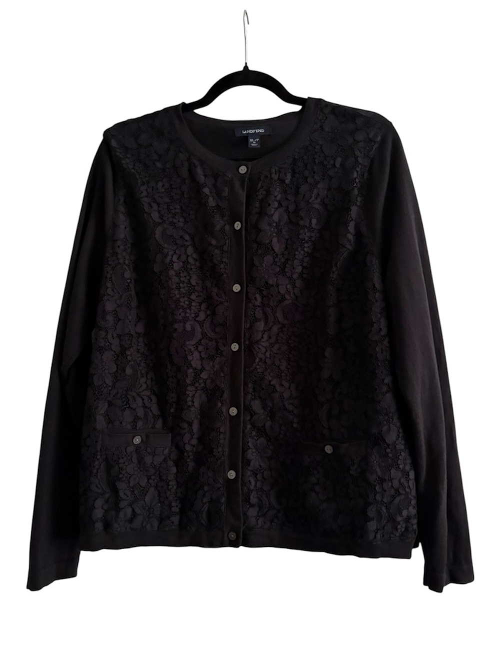 Lands’ End Black Lace Front Button Cardigan Sweater Size XL